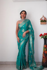 Designer  Ready To Wear Copper Jari Teal Blue Color Saree
